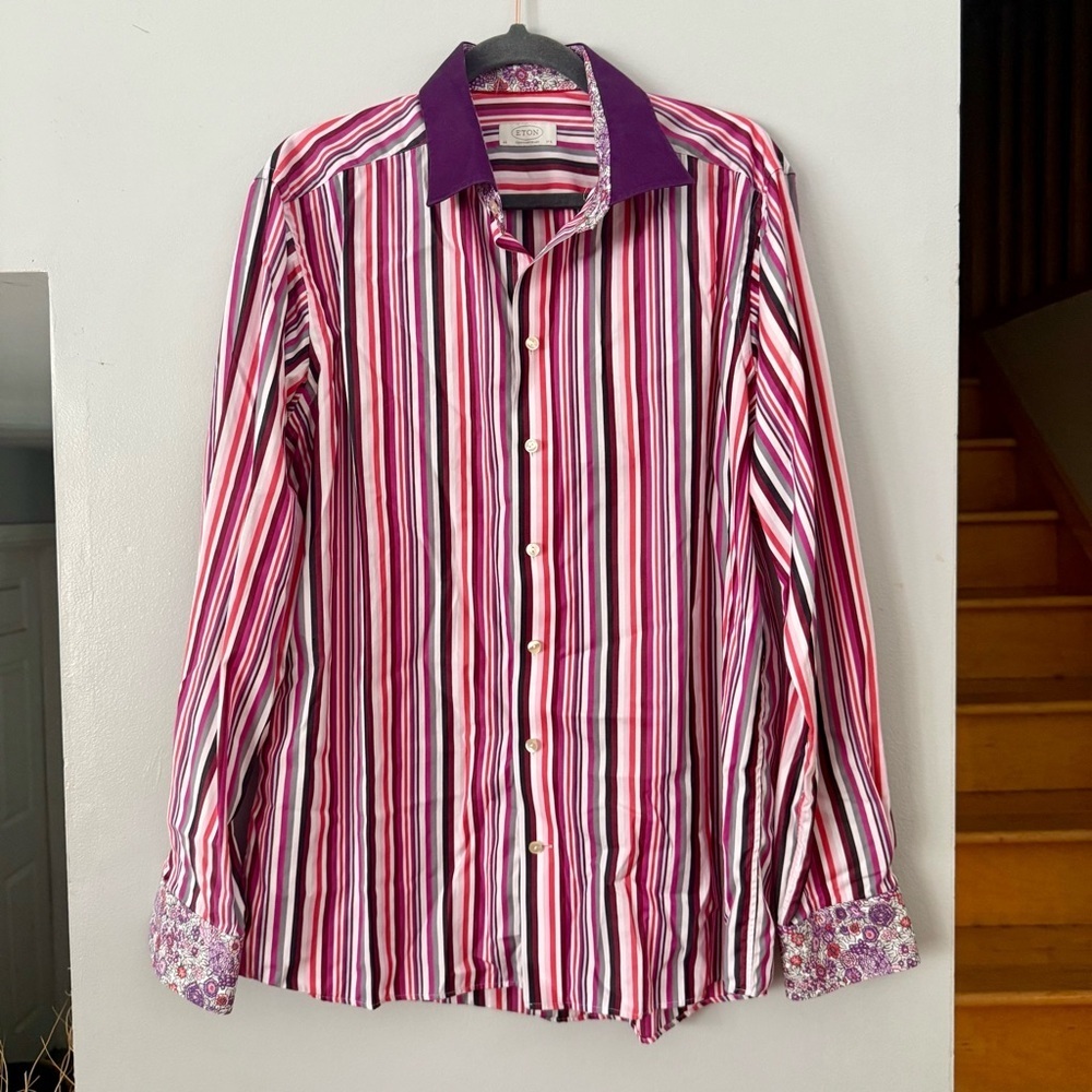 ETON Luxury Multi-Stripe Dress Shirt - Contrast Collar & Floral Cuffs